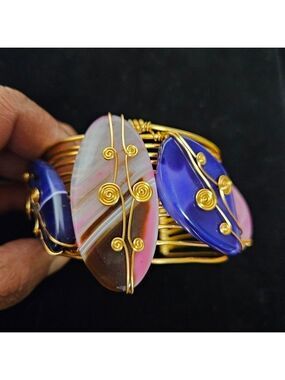 Adjustable Gold-tone Multi-wire Pink and Blue Stones Cuff Bracelet